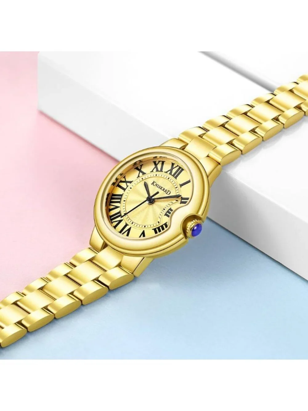 Women's Gold Roman Numerals Classic Solid Vintage  Stainless Steel Band Watch